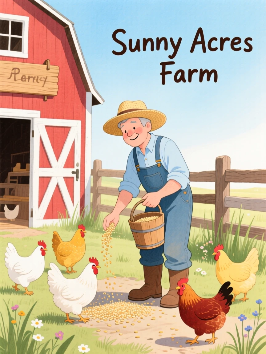 A charming scene of a farmer feeding chickens in a sunny barnyard.