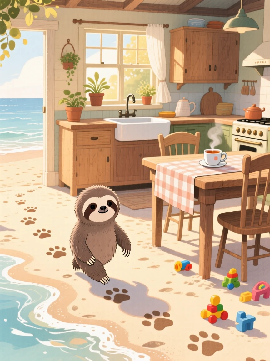 A baby sloth following a trail of paw prints across a beach, set in a cozy farmhouse kitchen with morning light streaming in, sparking a feeling of tender nostalgia.