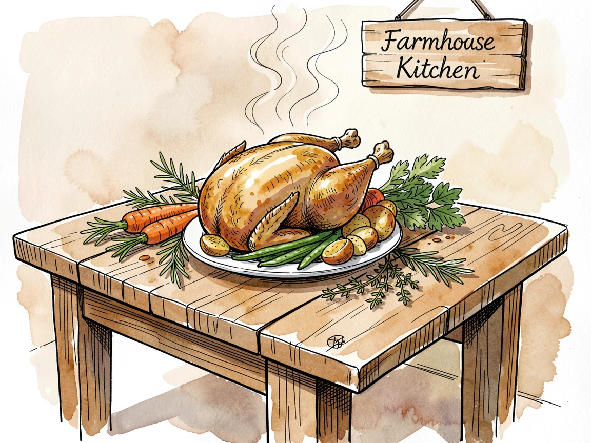 A farmhouse table set with roasted chicken, vegetables, and fresh herbs, steam curling gently into the warm kitchen air.