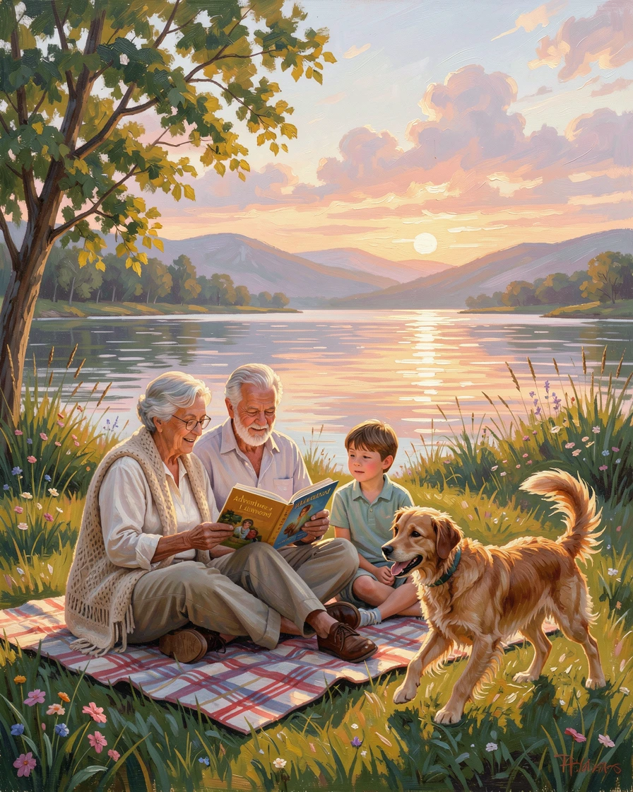 Beside a lake during a warm summer evening, grandparents reading a story to their grandchildren, a dog bounding happily alongside them, on a warm summer afternoon.