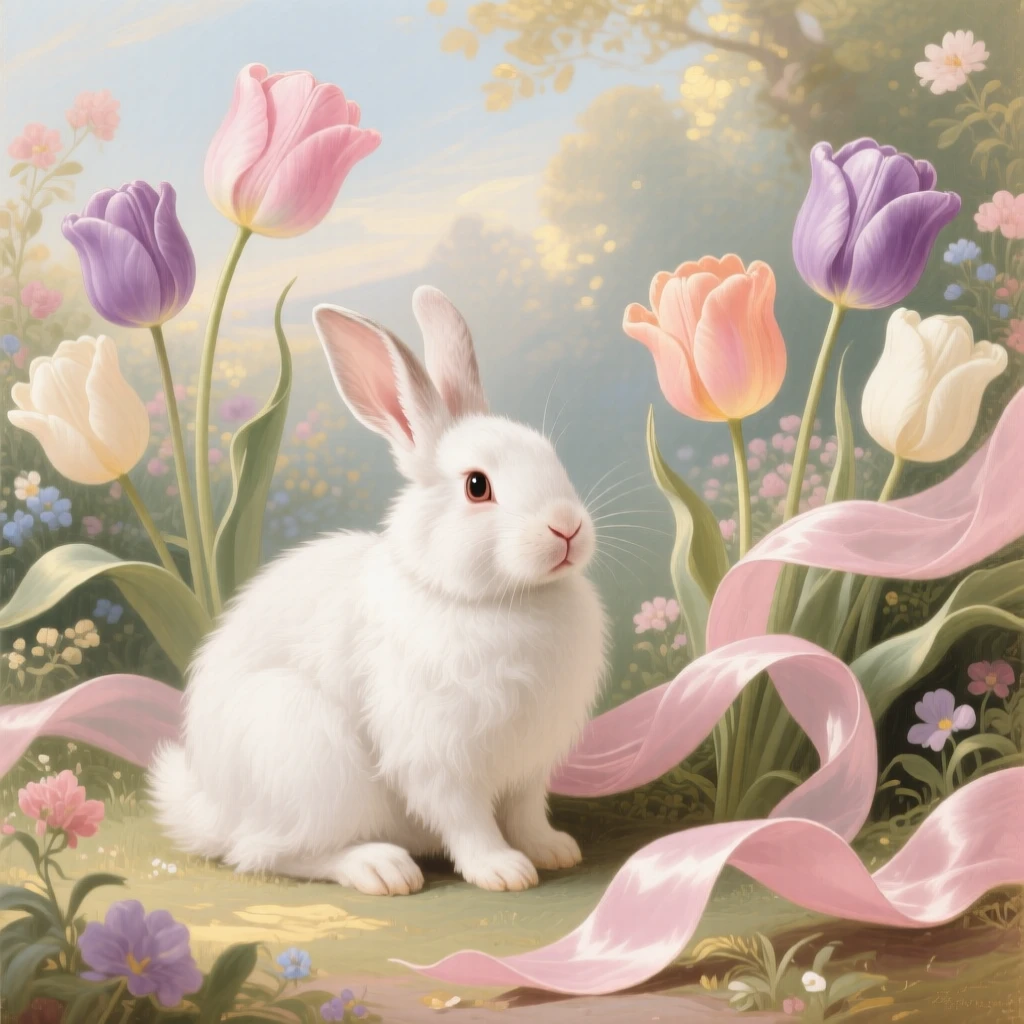 A white rabbit sitting among tulips beside a silk ribbon  
