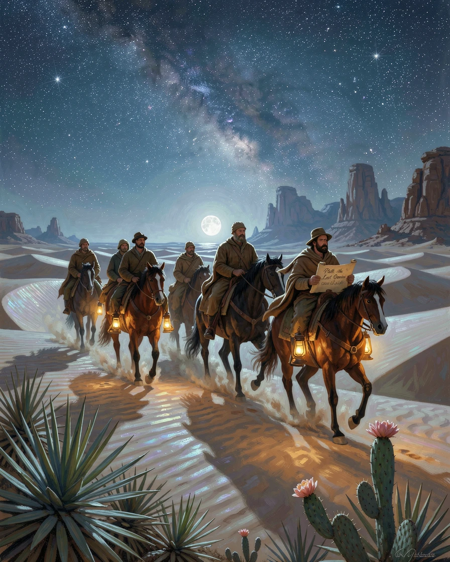 A caravan of explorers crosses a shimmering desert under the stars.
