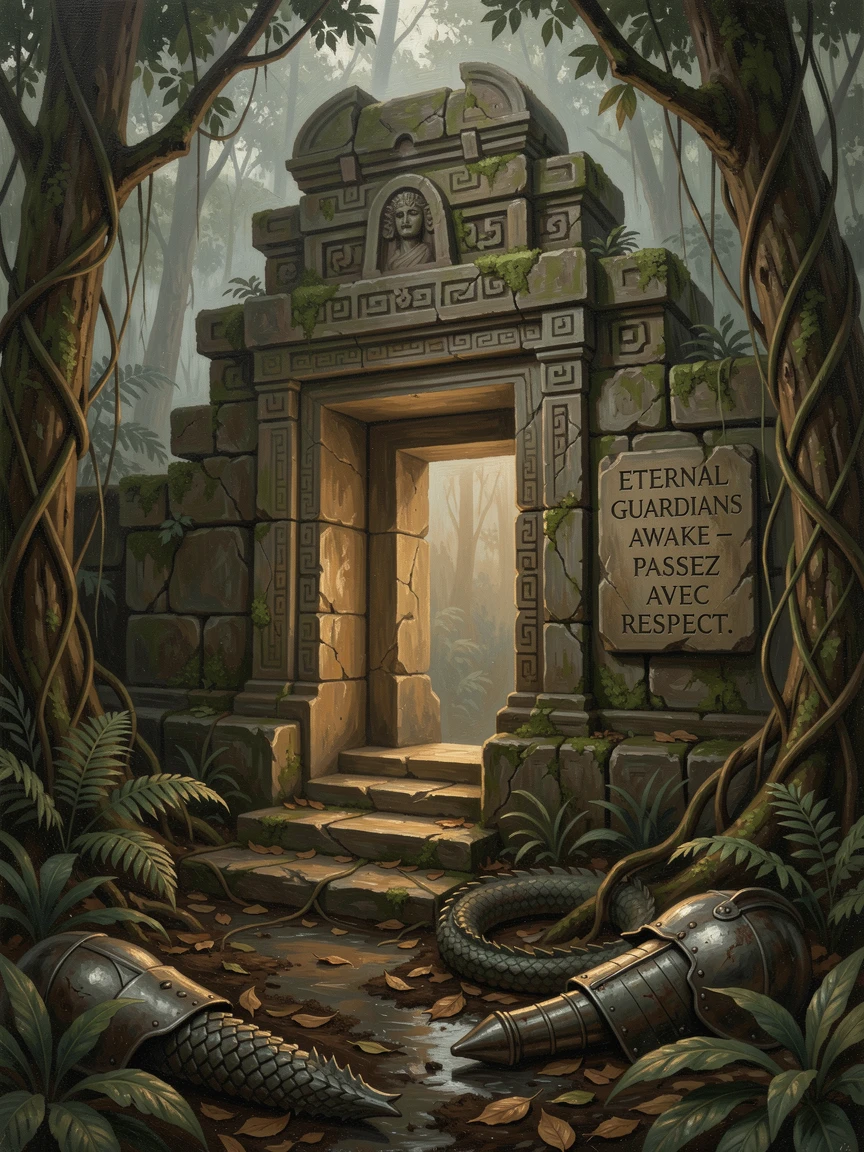 A hidden temple entrance glowing faintly within a dense, ancient jungle, with intricate textures on armor, scales, or ancient stone, combining epic scale with rich, immersive atmospheric detail