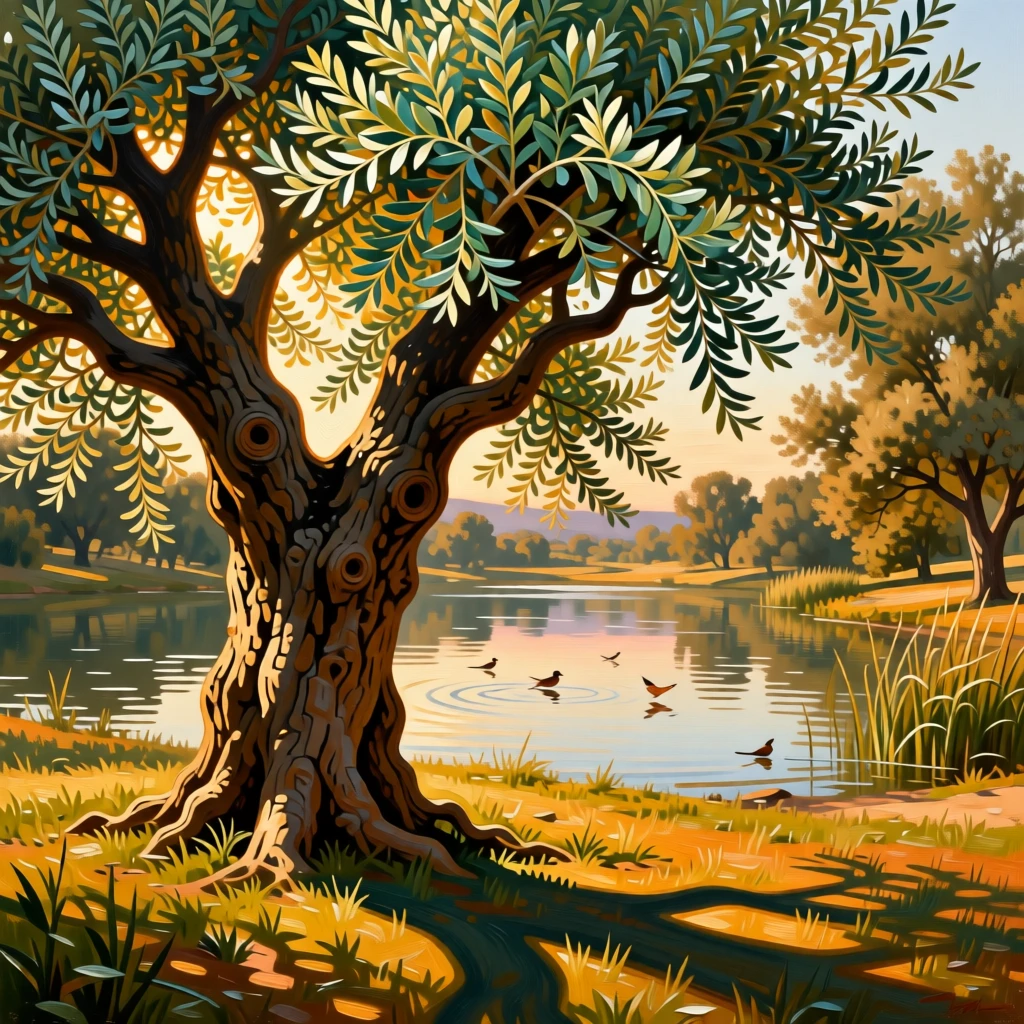 A grove of ancient olive trees bathed in warm Mediterranean light alive with the quiet motion of wind and water, set far from any signs of human presence, with birds gliding low over the water and long shadows stretching across the grass; a single striking element anchors an otherwise open, breathing composition, evoking peace, wonder, and quiet renewal.