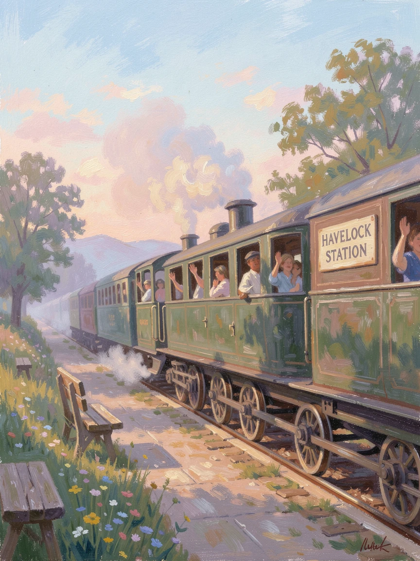 A vintage steam train pulling into a small countryside station, passengers waving from open windows, as the first light of dawn breaks, filled with warmth and nostalgia.
