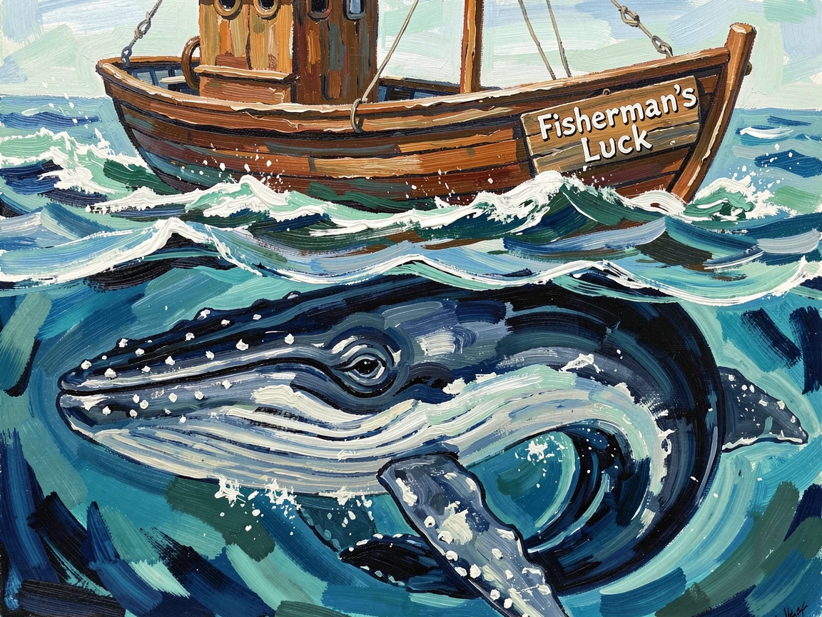 A great blue whale gliding beneath a fishing boat, visible just below the surface.