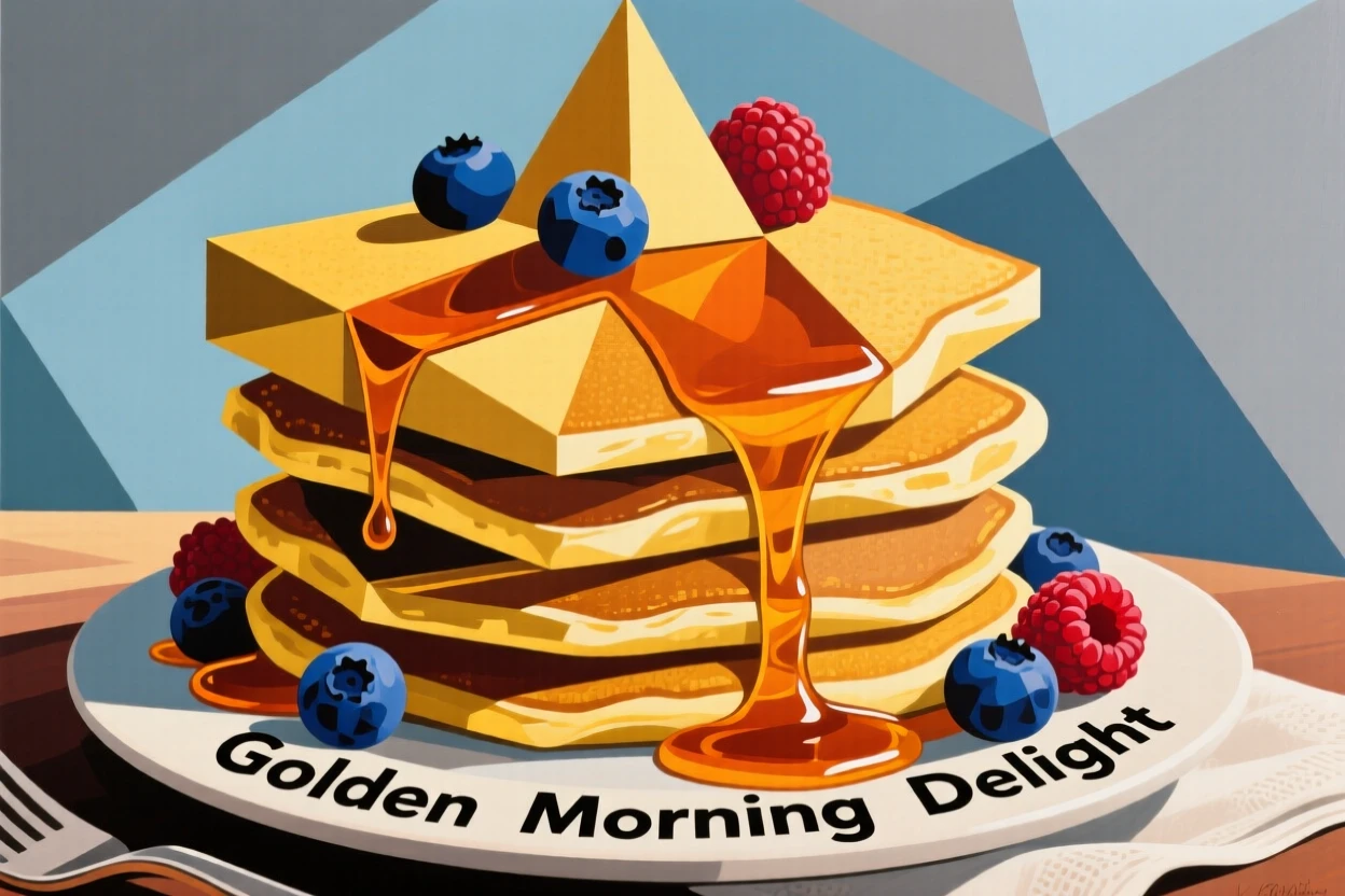 A stack of golden pancakes drizzled with maple syrup and fresh berries.