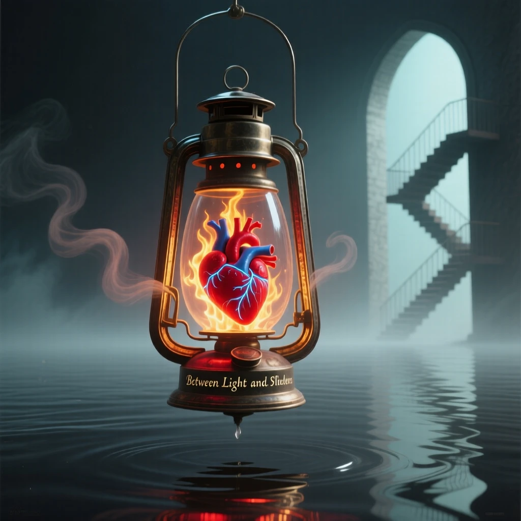 A lantern whose flame is shaped like a tiny beating heart exists suspended between light and shadow, while the surrounding space feels calm, still, and open.