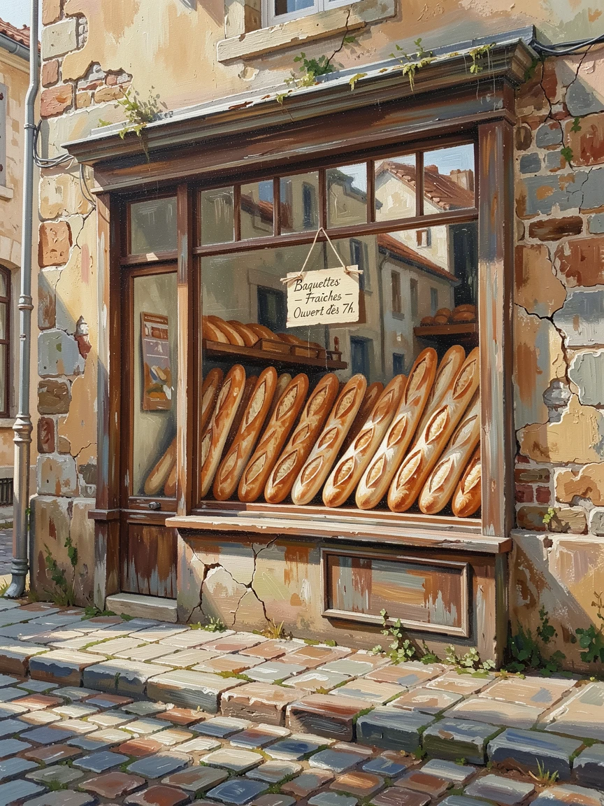A rustic village bakery in the French countryside shows fresh baguettes stacked in the window, morning light spilling onto the cobblestone street, the play of light across weathered surfaces revealing decades of history in every wall.