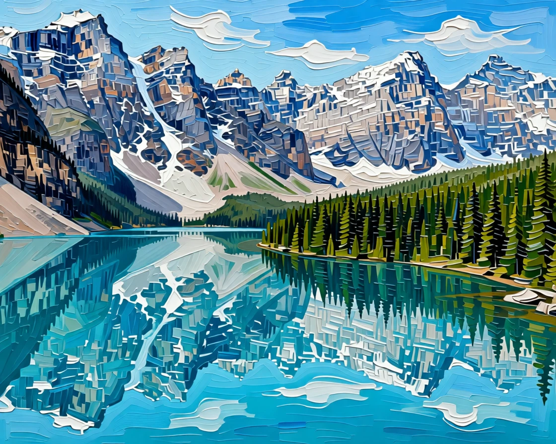 The Rockies reflected in a still turquoise lake surrounded by pine forest