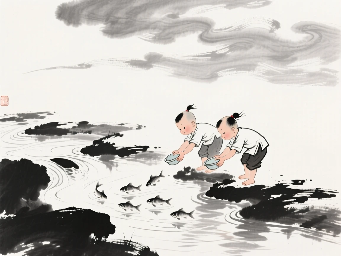 Children play beside a shallow stream, chasing small fish with cupped hands, beneath a sky filled with drifting clouds.