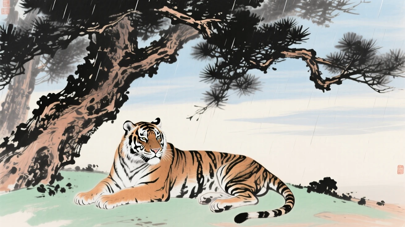 A tiger resting beneath the shade of ancient pines, at dawn, beneath a sky washed clean by rain.