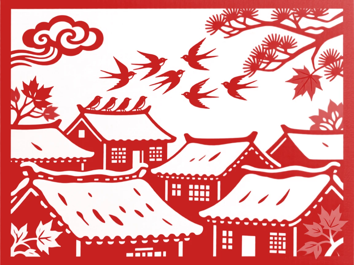 A Autumn scene of a snow-covered village rooftop, birds gathering before their seasonal journey.