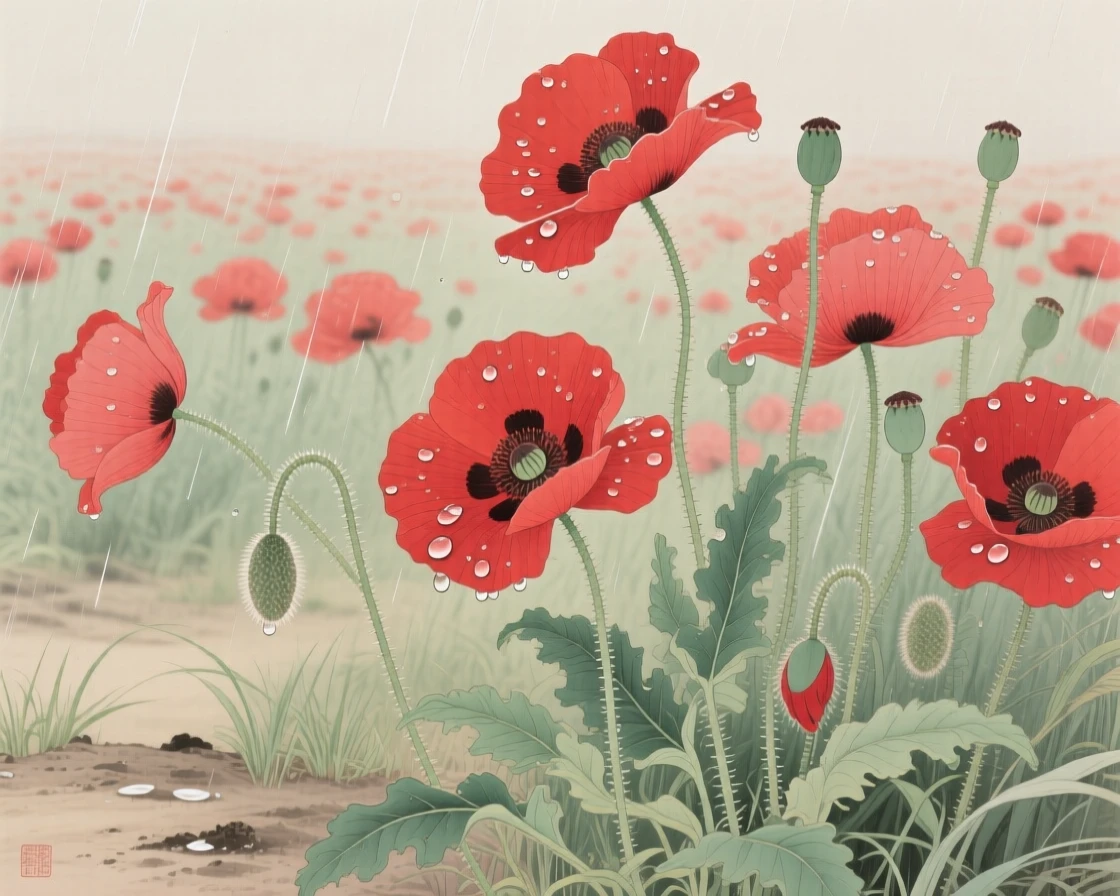 A field of poppies swaying in the wind after a light spring rain, droplets clinging to each petal