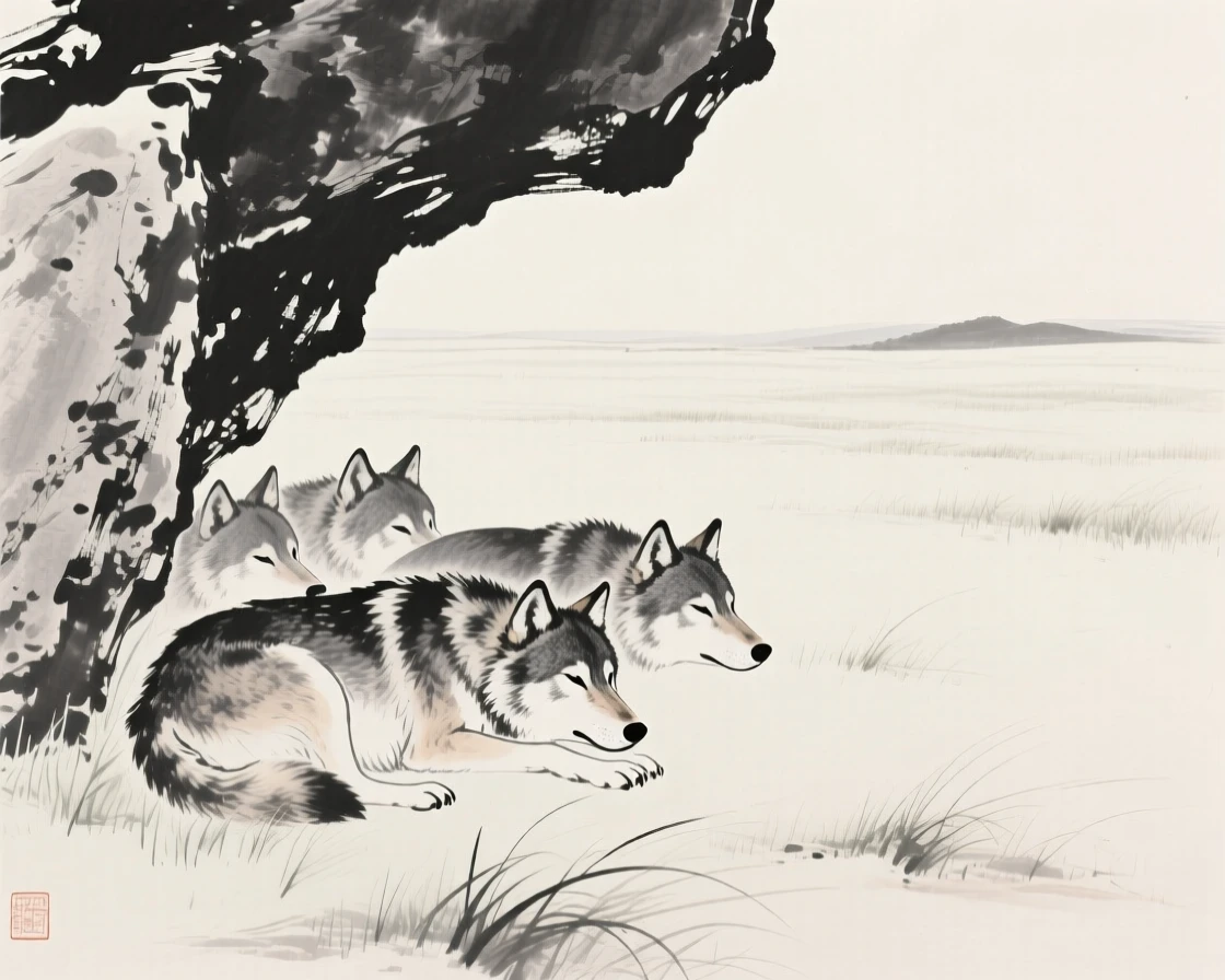 A pack of wolves sheltering beneath overhanging rock across an open grassy plain, positioned off-center, leaving space for the quiet landscape around it, evoking the gentle rhythm of the natural world.