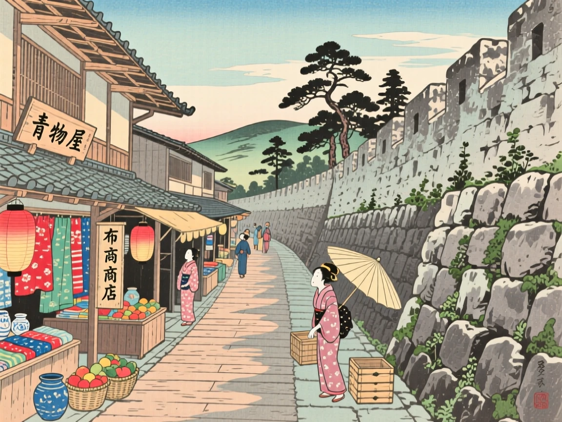 A covered wooden market street rising above ancient stone city walls.