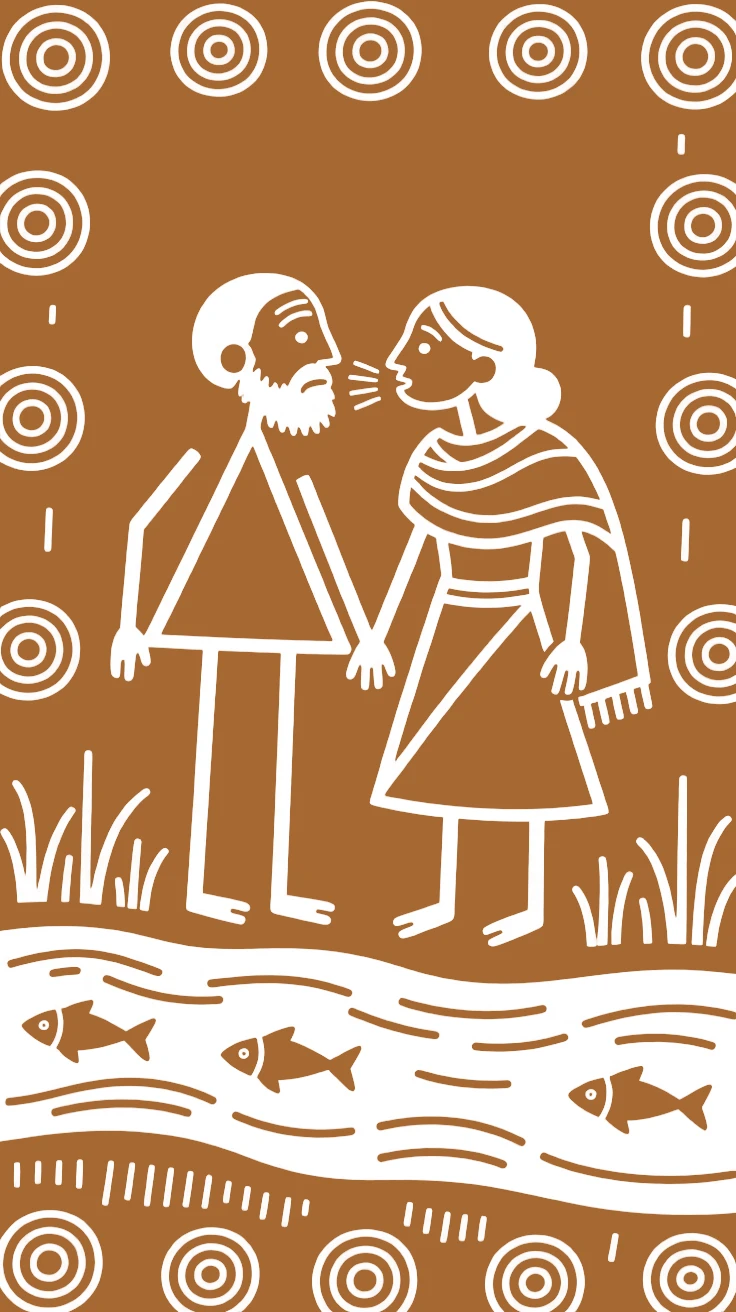 An elderly couple whispering to each other beside a flowing river.