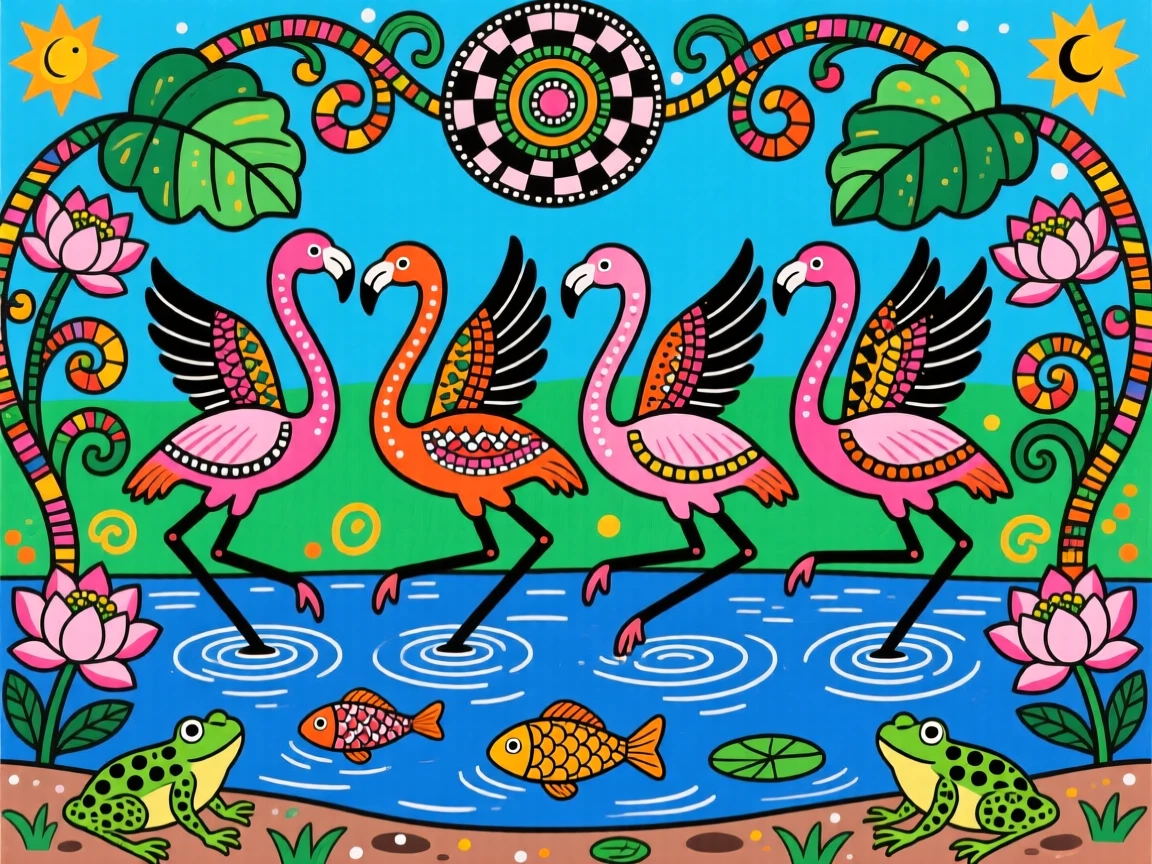 A flock of flamingos taking flight together over a shallow lake.