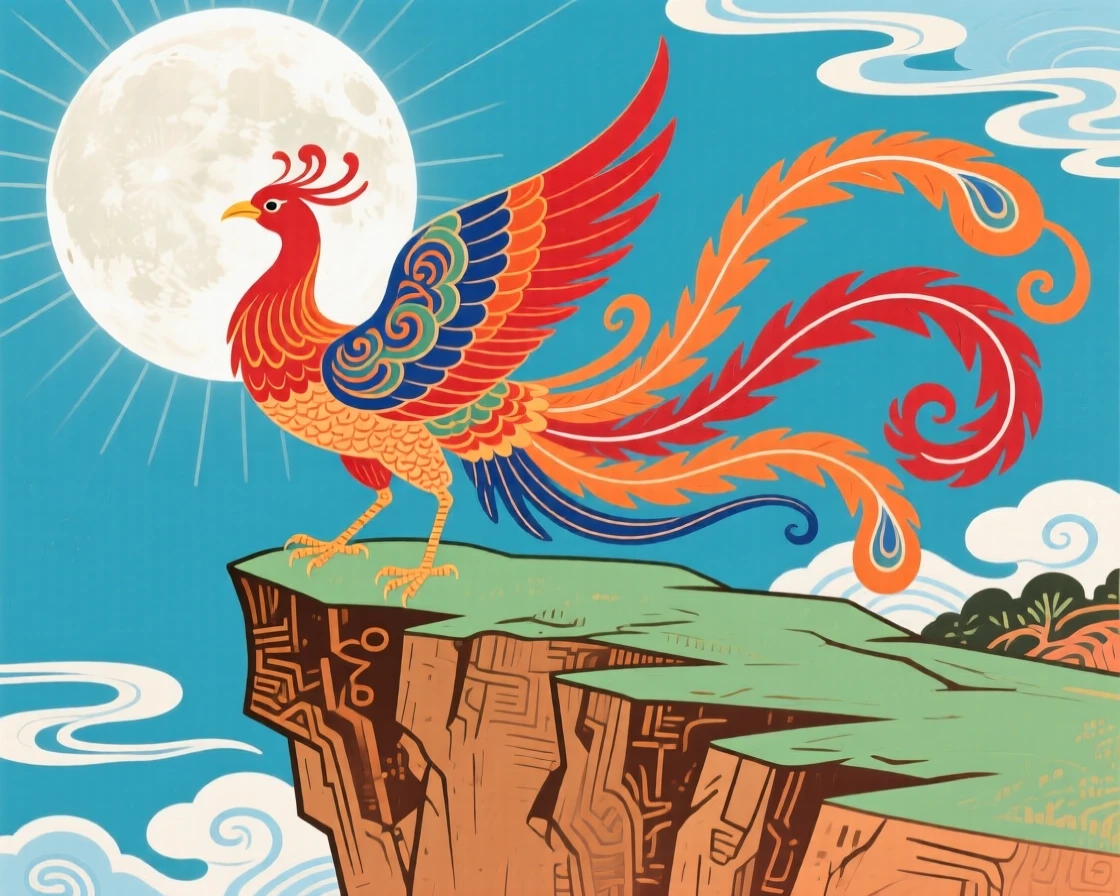 A phoenix with flowing tail feathers standing beneath a full moon on a cliff.