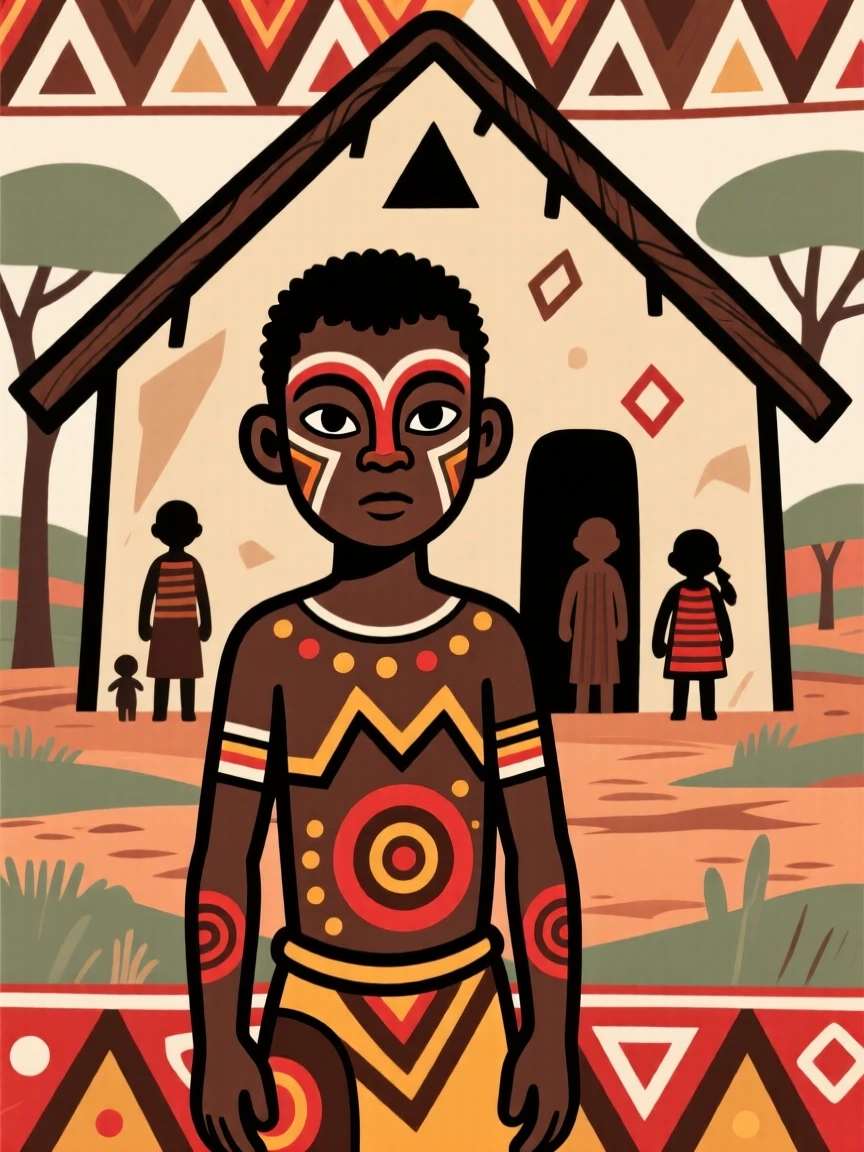 A shy little boy standing proudly in front of the family homestead.