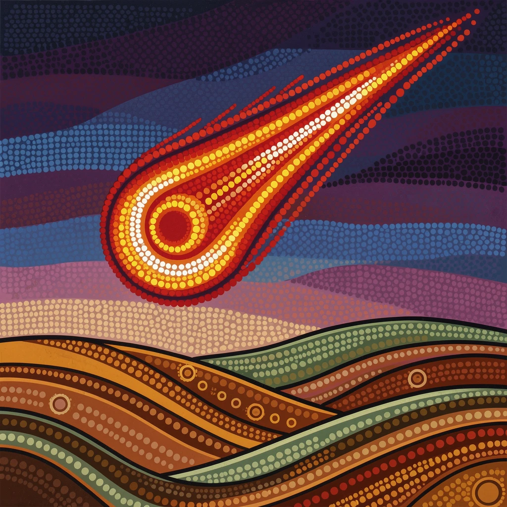 A comet blazing across a twilight sky over rolling hills