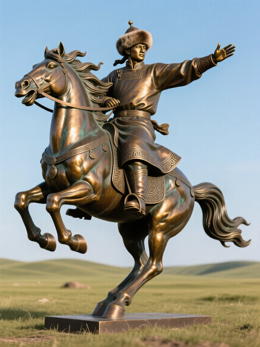 A mongolian horseman racing across the open steppe, with hands outstretched in a gesture of hope, forming a strong central focal point