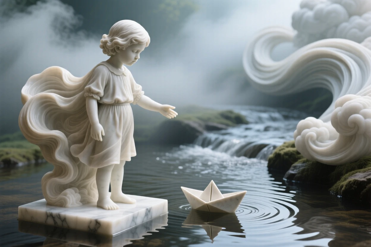 A beautifully composed image of a child releasing a paper boat into a stream, amid swirling clouds and mist, full of atmosphere and visual storytelling