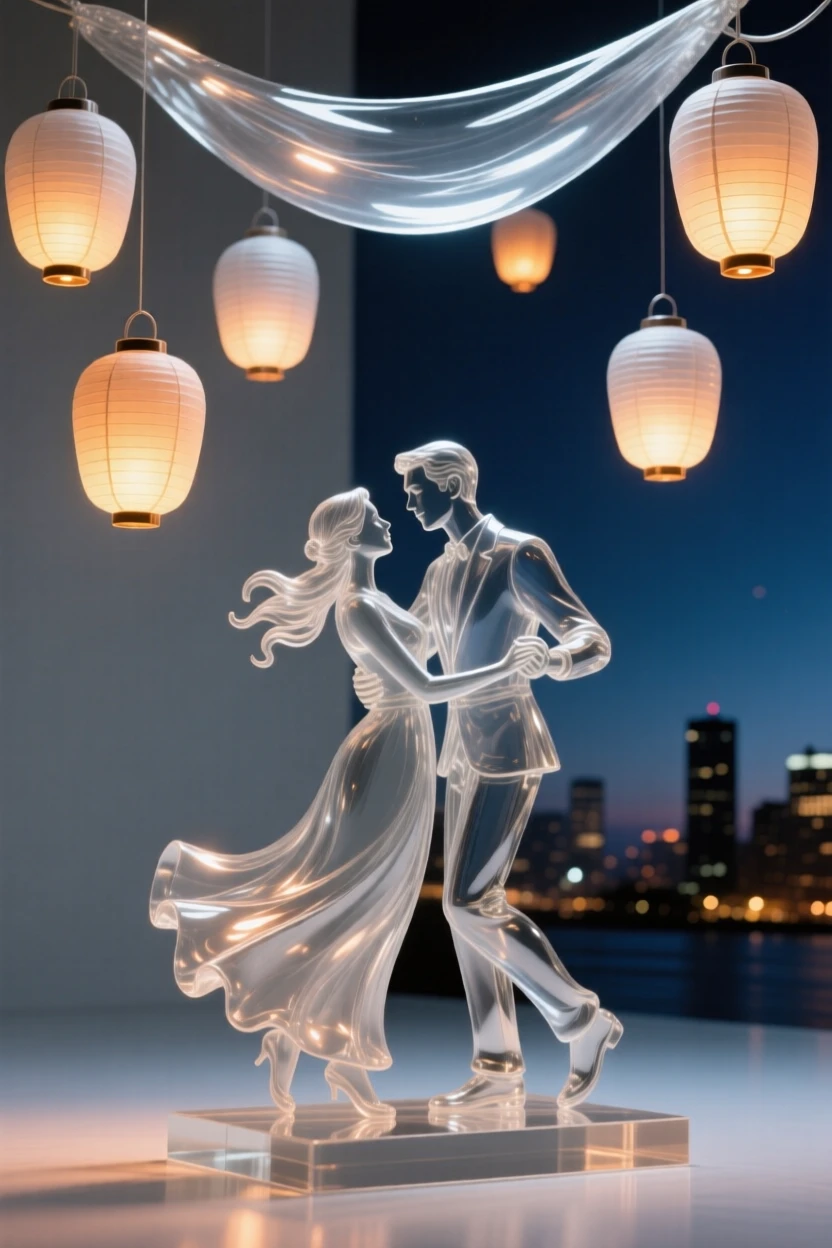 Overlooking a city skyline glowing with evening lights, a couple dancing together beneath a canopy of floating lanterns, while a warm light spills across the surrounding stage