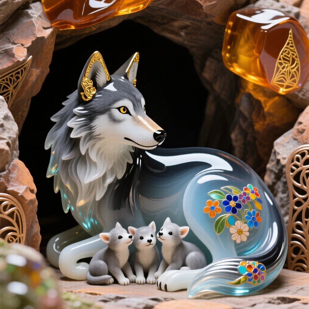 A lone wolf watching over her pups from a rocky den entrance, protective and tender.