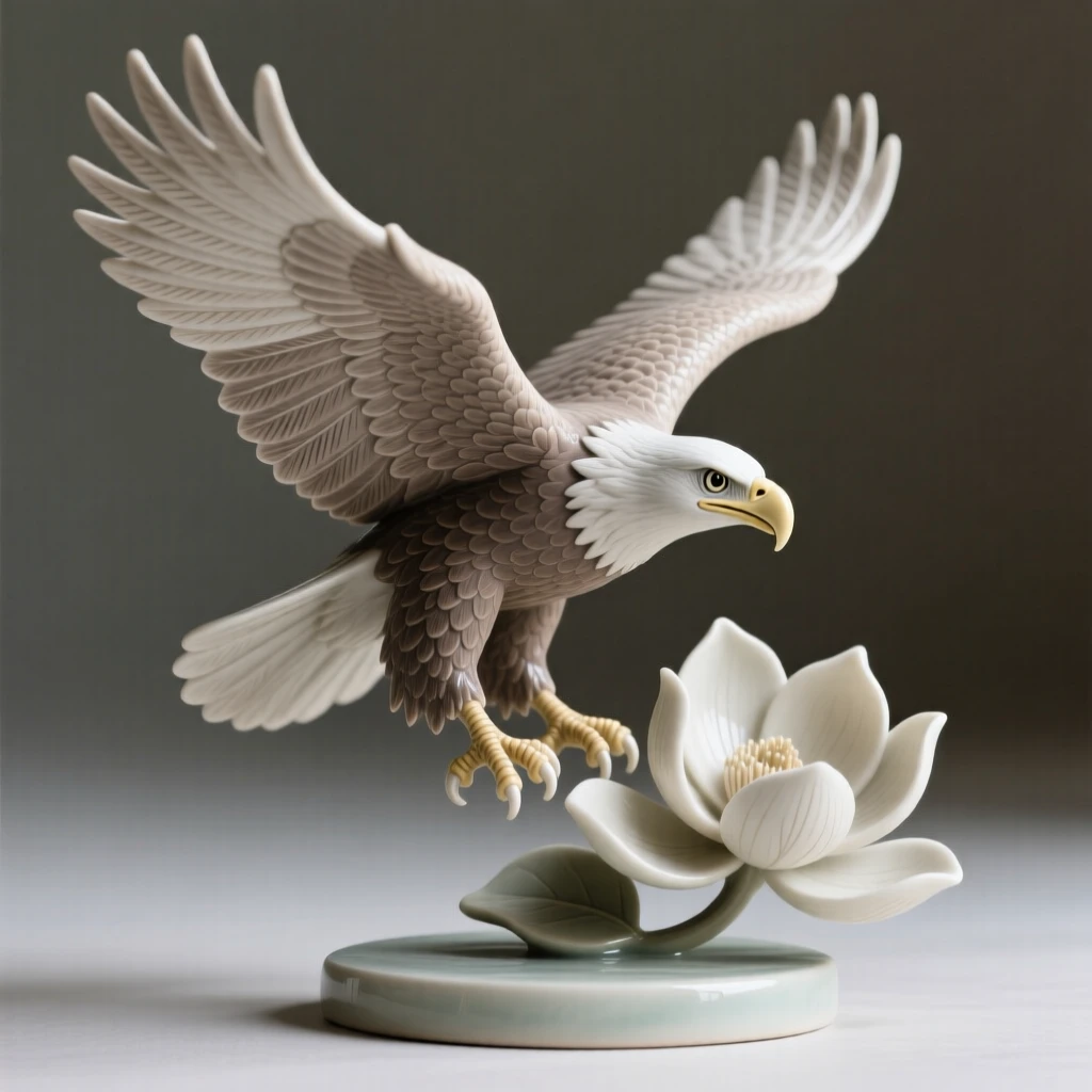 A bald eagle soaring with wings outstretched frozen mid-hover beside a bloom, outlined against a soft-focus natural backdrop, conveying effortless elegance in motion.