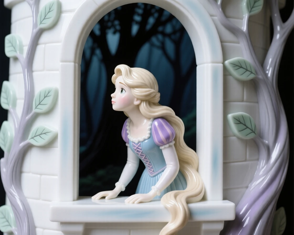 A storybook depiction of Rapunzel at her tower window walking through a shadowy enchanted wood, full of gentle storybook wonder.