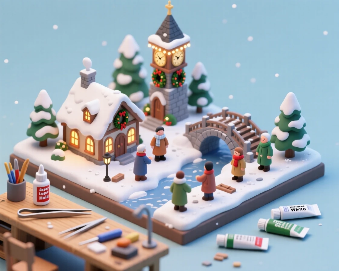 A miniature train diorama workshop with tiny trees and figures being glued into a winter village scene.