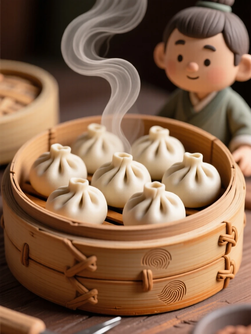 A plate of dumplings steaming in a bamboo basket