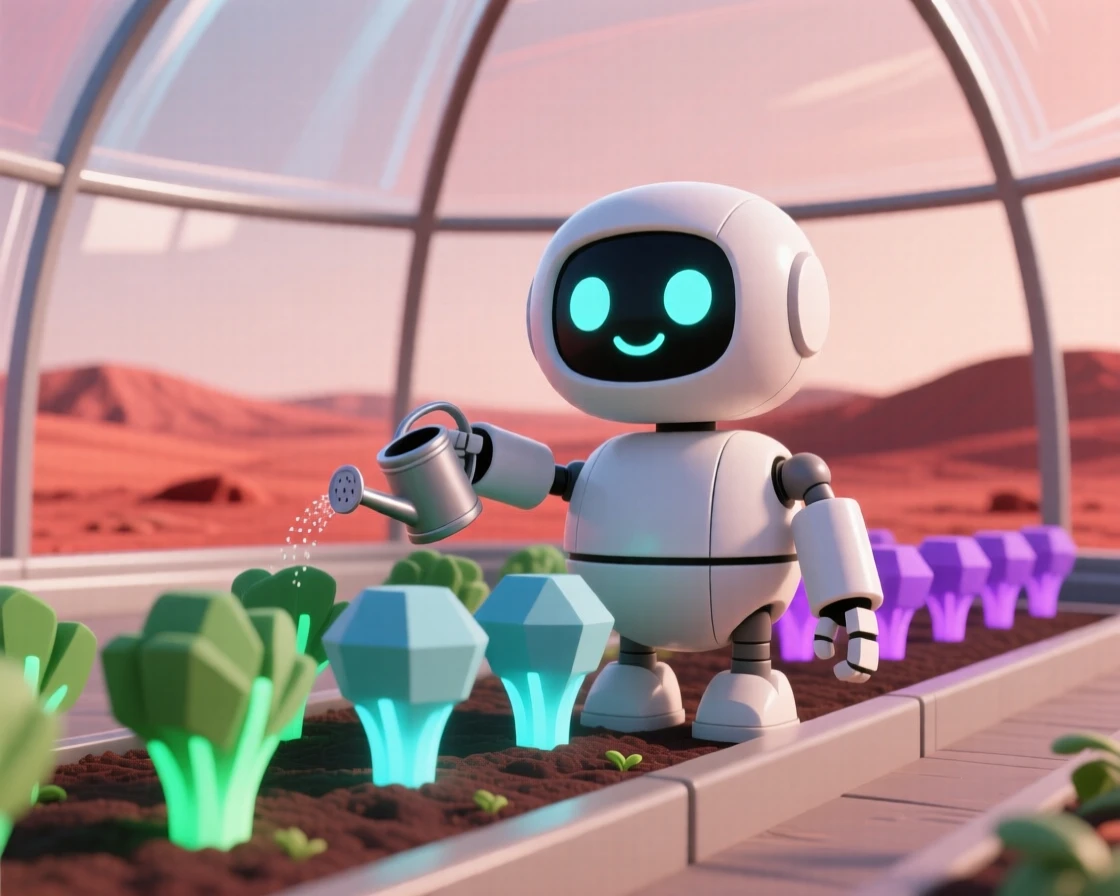 A cheerful garden robot waters a row of glowing space vegetables inside a domed greenhouse on Mars.
