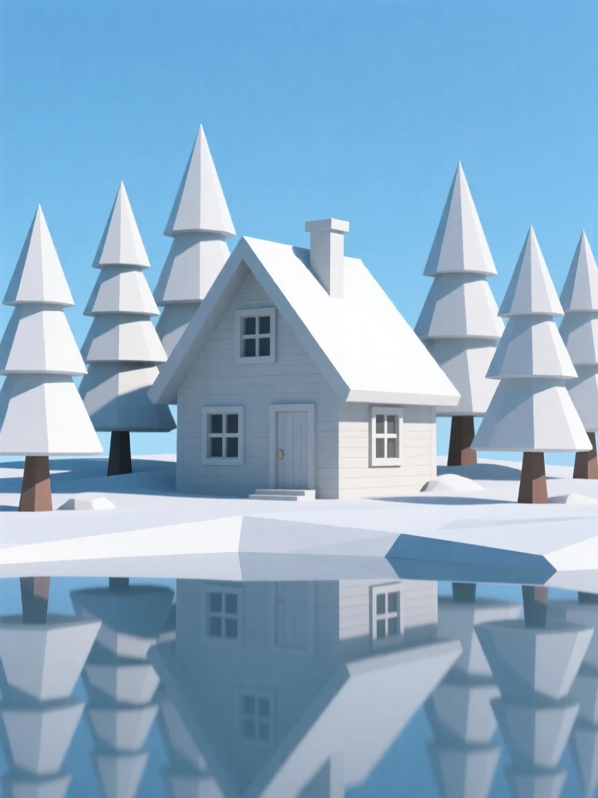 A snow-covered chalet nestled among pine trees, beneath a clear blue midday sky. soft reflections in water double the architectural detail. A quiet grandeur fills the setting.