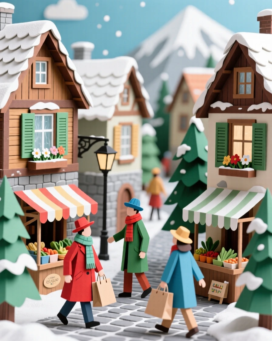 A snow-dusted alpine town bustling with life at midday, with locals going about daily life, conveying vibrant local energy.