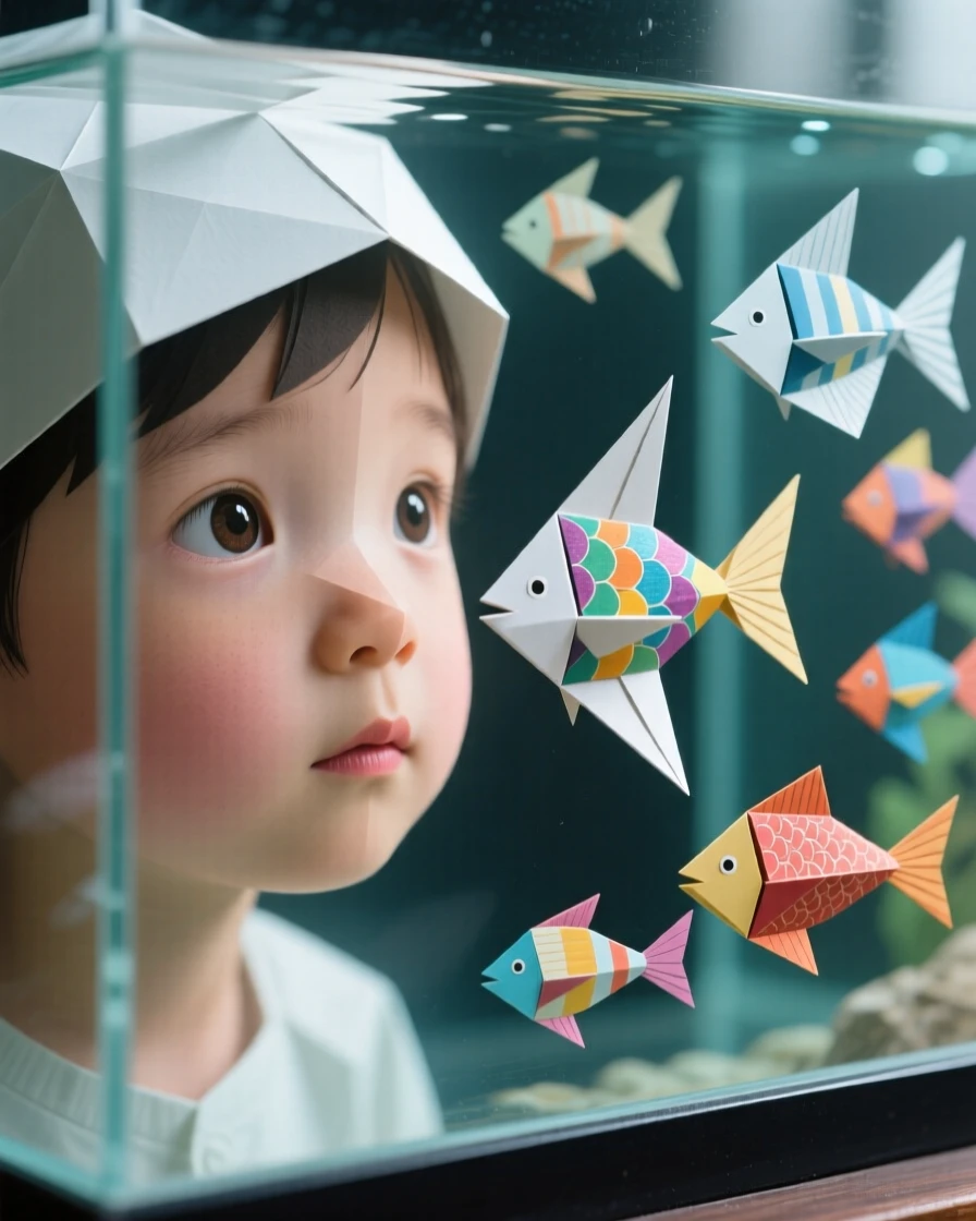 A child's face pressed against an aquarium glass watching colorful fish swim by.