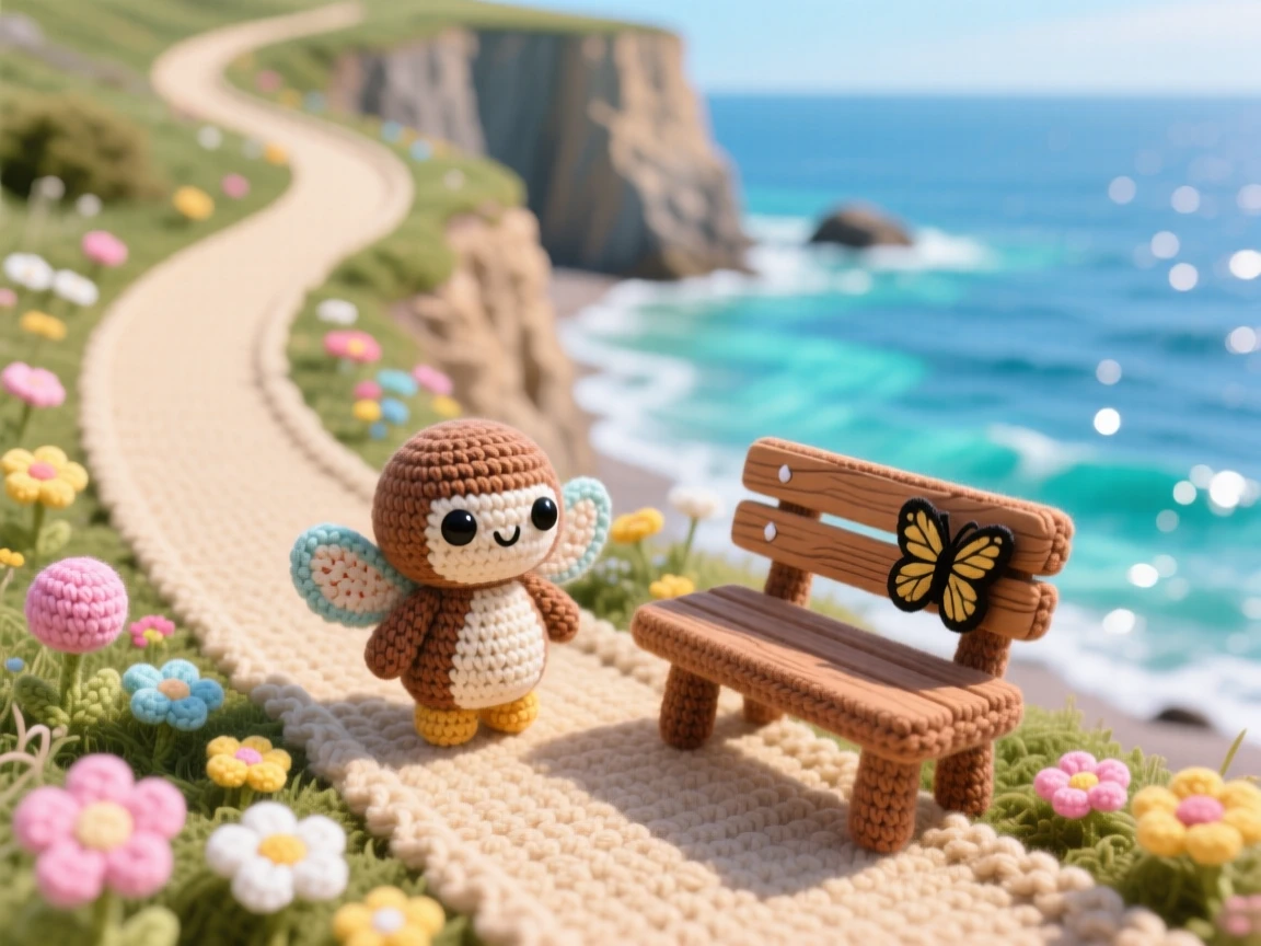 a coastal cliffside path, overlooking a sparkling sea, dotted with wildflowers along the edge beside a peaceful stretch of open water; a single wooden bench resting nearby completes the scene, full of quiet wonder at the wild world.