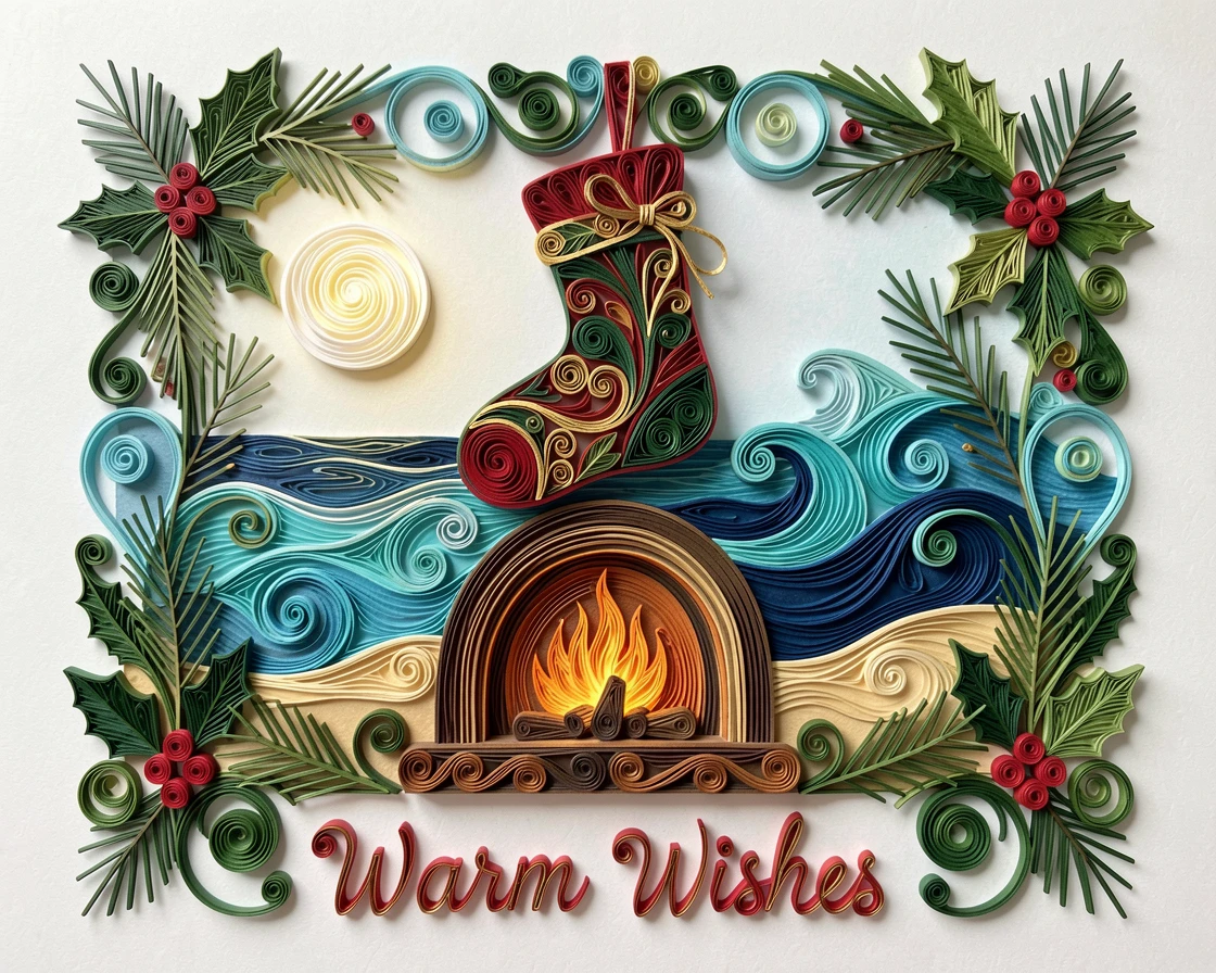 A festive holiday scene of a Christmas stocking hung above a crackling fireplace on a moonlit beach during a warm summer evening, in classic holiday tones of red, green, and gold, arranged symmetrically for a balanced festive feel.