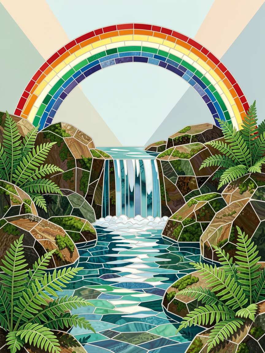 A hidden waterfall pool surrounded by moss-covered rocks and ferns, illuminated by a dramatic double rainbow after rain.