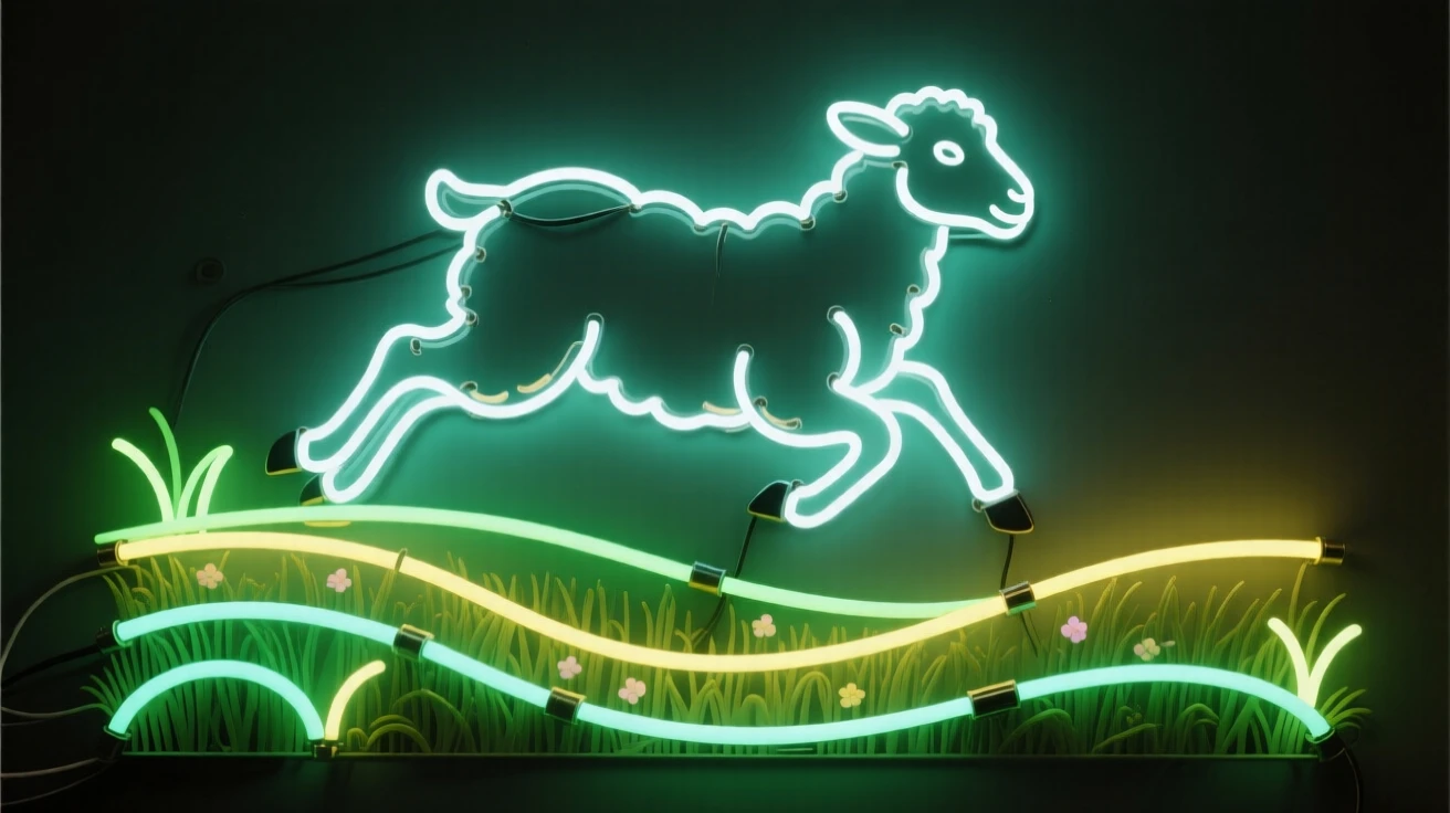 A lamb bounding across a spring pasture.