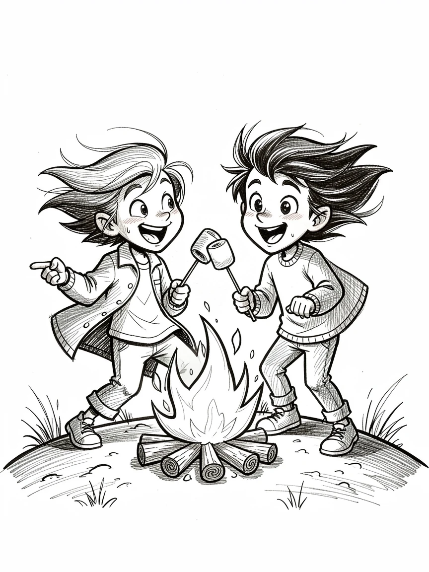 Siblings roasting marshmallows over a campfire on a breezy hilltop.