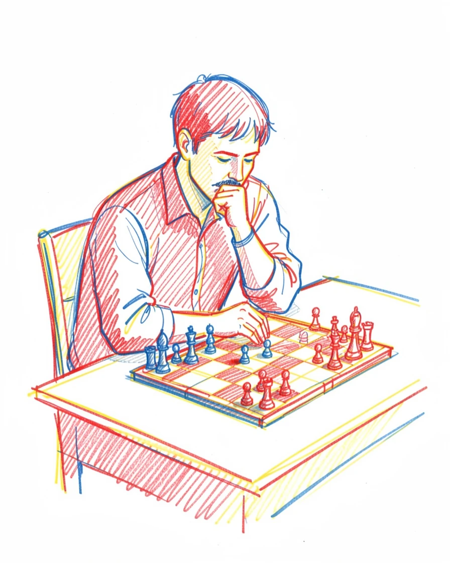 A chess player deep in thought over a nearly finished game
