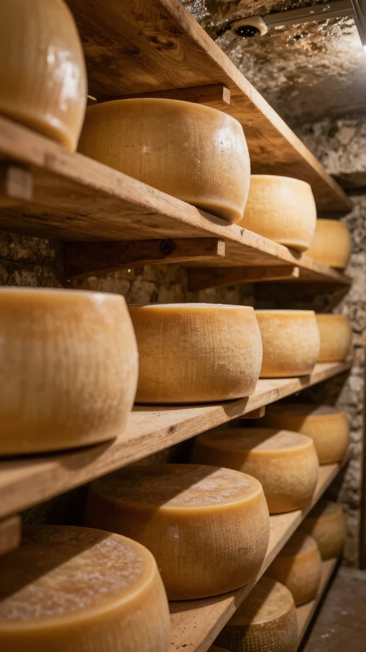A cheese cave with wheels aging on wooden shelves