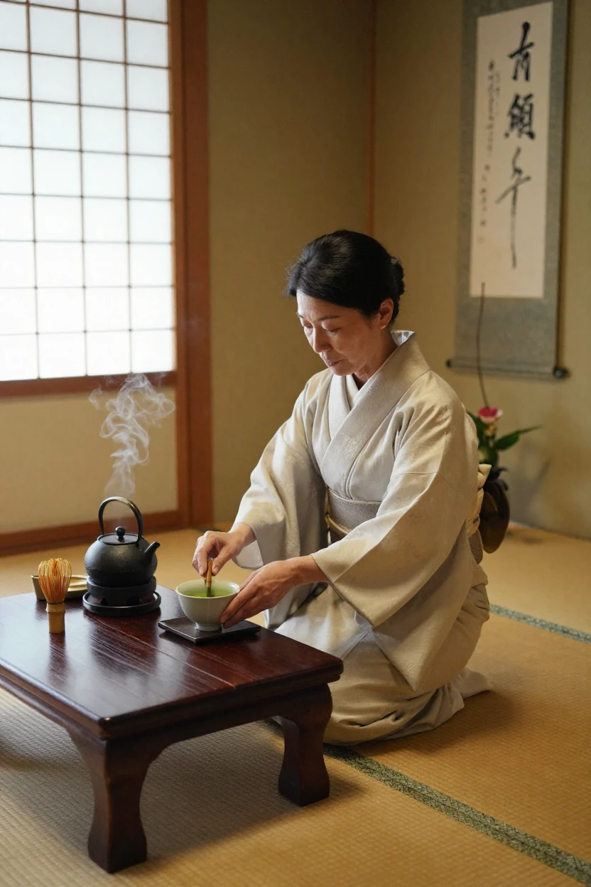 A traditional tea ceremony unfolds slowly in a tatami room, steam rising from the kettle.
