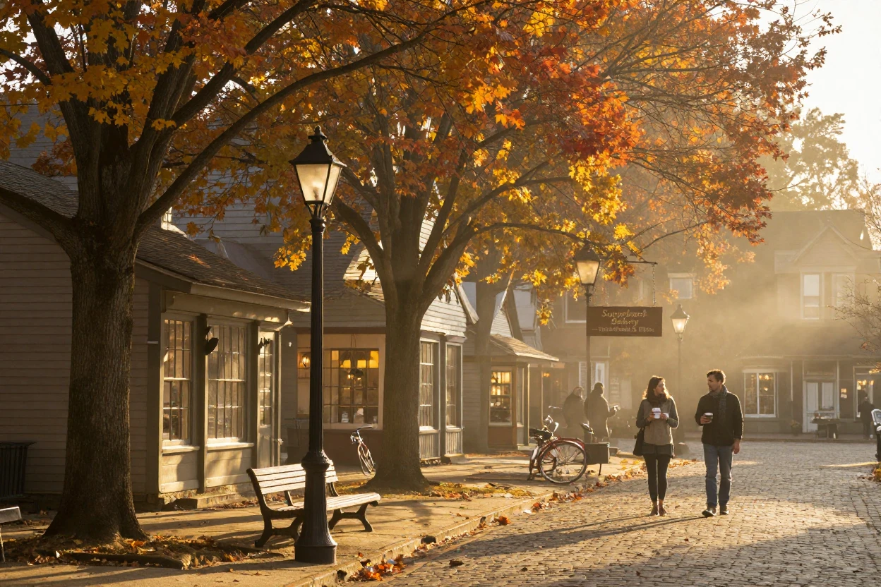A small village square glowing beneath autumn's golden leaves as the town slowly wakes