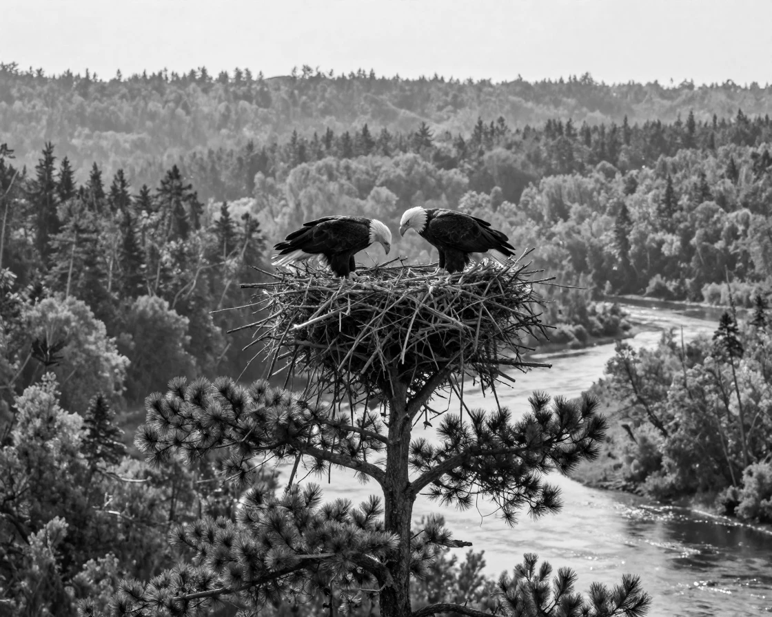 A pair of bald eagles builds a massive nest atop a pine above a forested river valley.