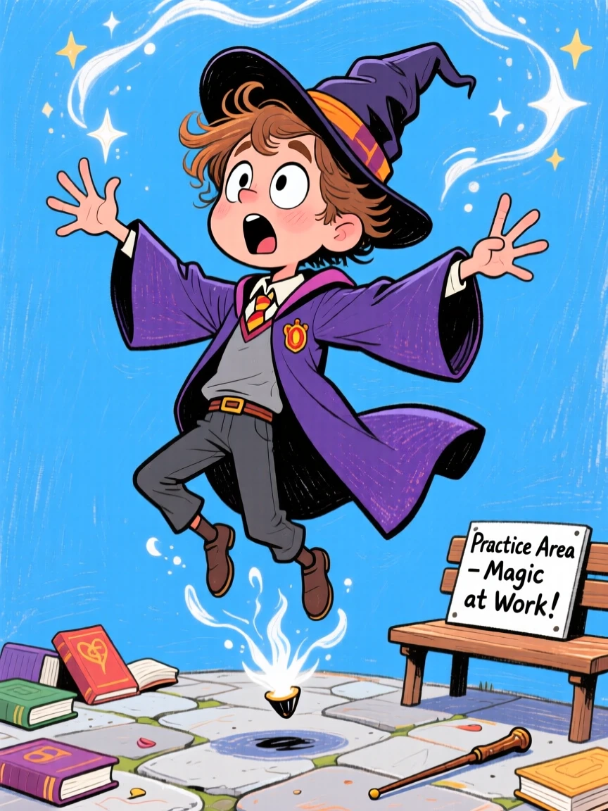 A young wizard's first successful levitation spell, floating a foot off the ground with surprise.
