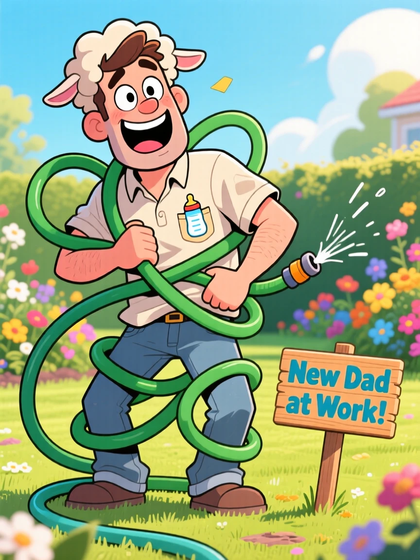 A funny expressive moment showing a new dad getting tangled up in a garden hose, with a sheepish grin afterward.