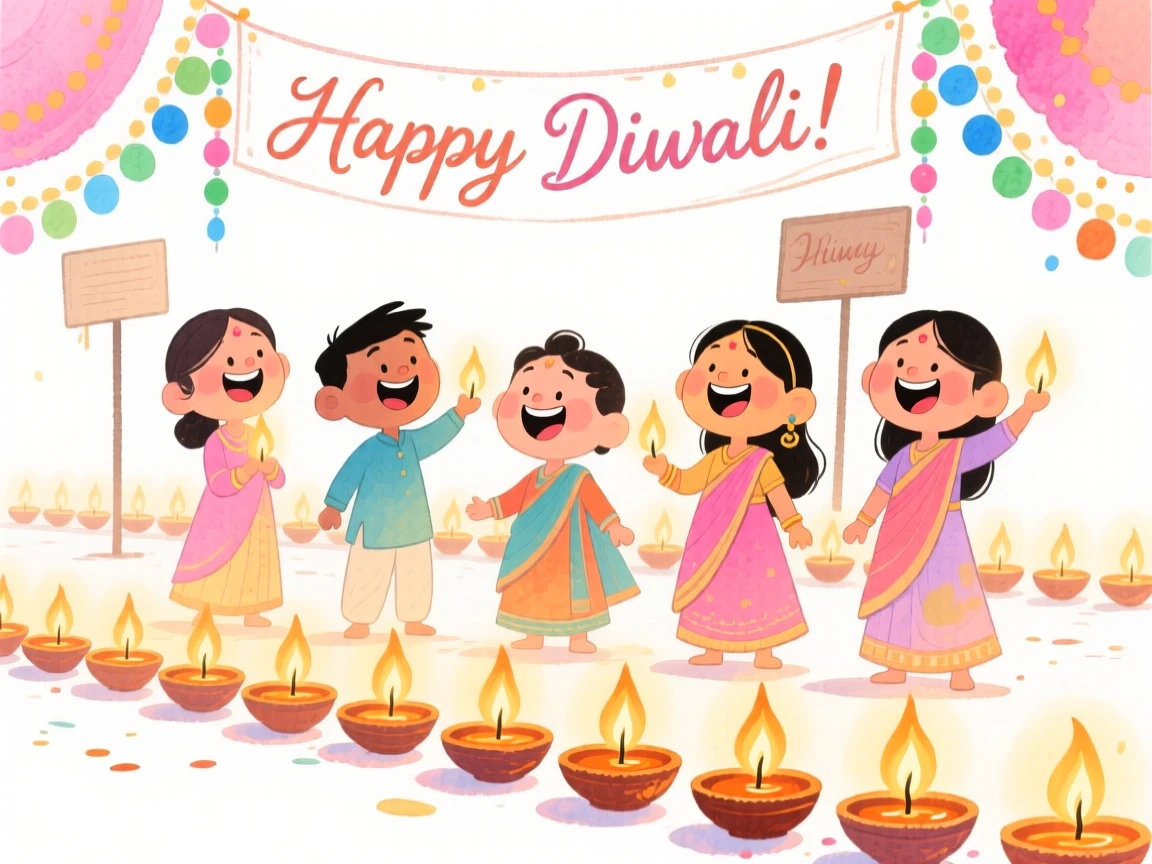 A joyful celebration scene of a festive Diwali scene with rows of glowing oil lamps, bursting with color and joy